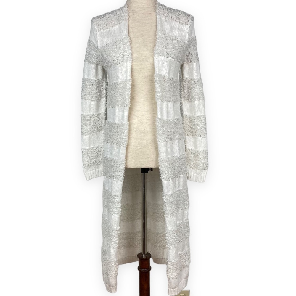 525 AMERICA Fuzzy White Striped Duster Sweater